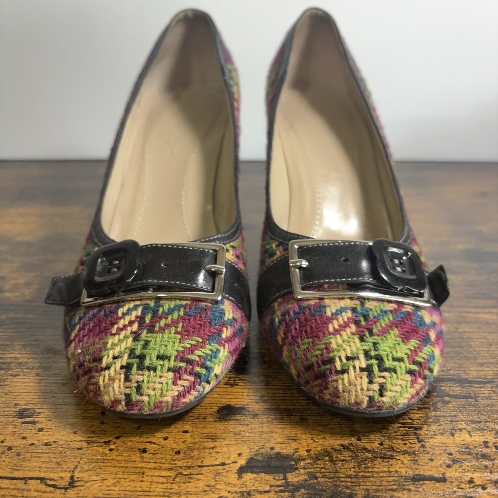 Vero Cucio Tweed Heels Womens 10M Purple Green Plaid Leather Trim - Picture 6 of 11